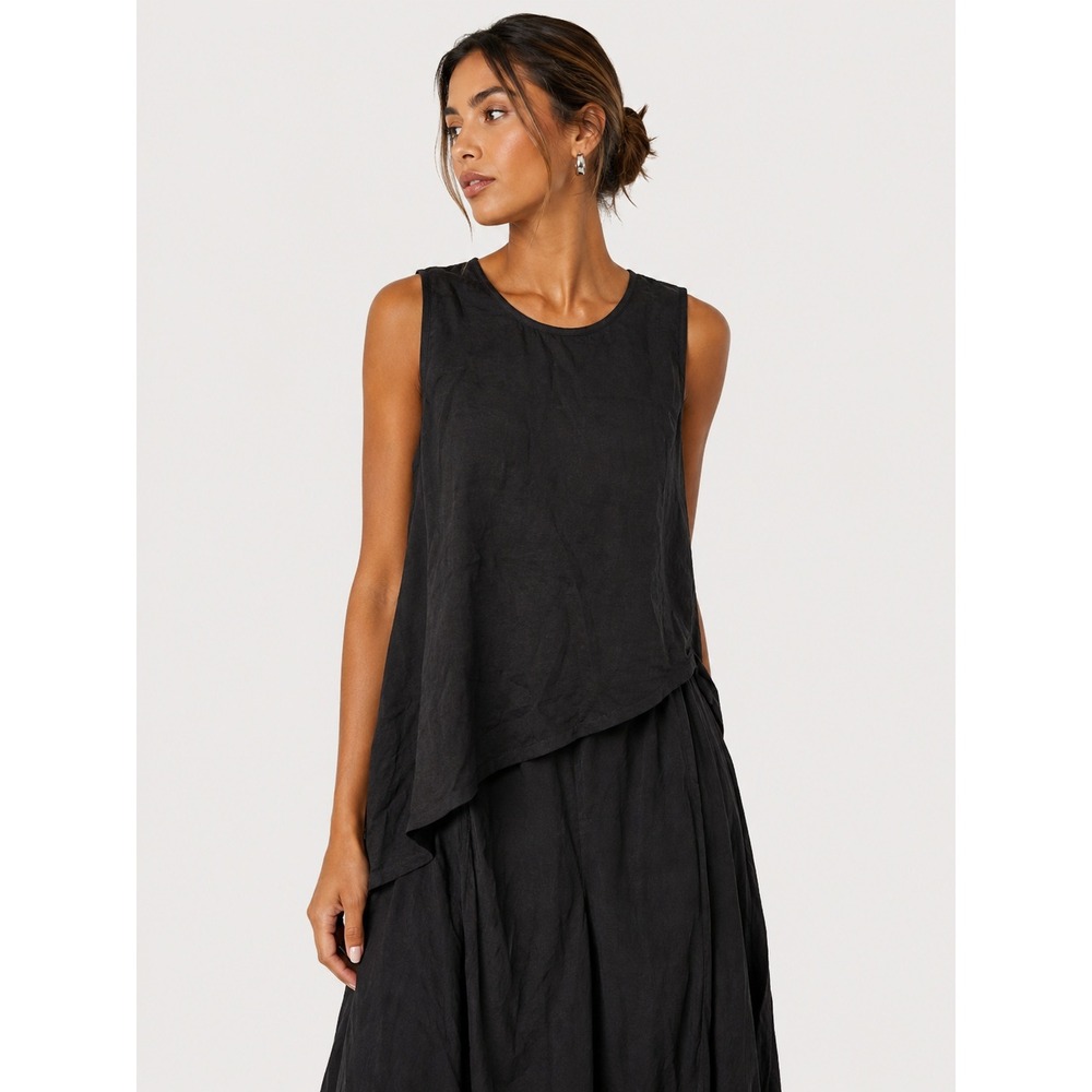 Inizio Asymmetrical Sleeveless Cotton Tank Top Lagenlook Italy Black‎ L